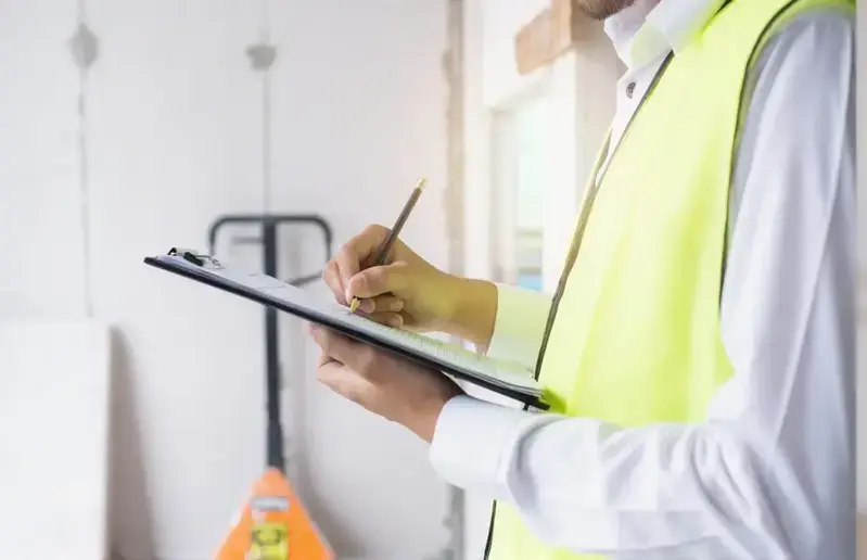 Inspección de seguridad revelando daños estructurales en un edificio.